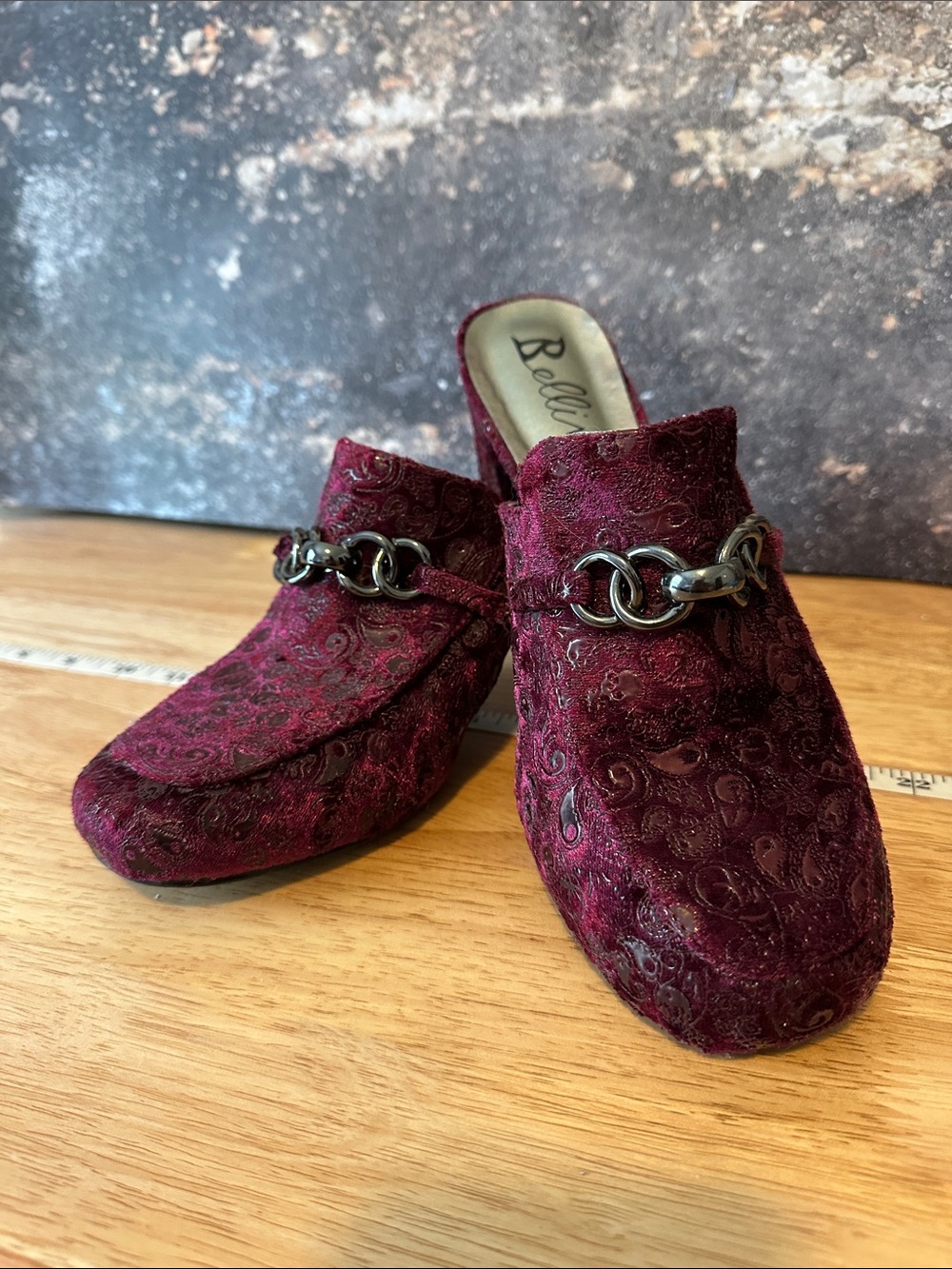 Bellini Burgundy Paisley Velvet Slip-On Mule with Silver Chain Accent